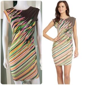 BCBG Max Azria Rubie Asymmetrical Abstract Mini Dress Bodycon Sleeveless Striped